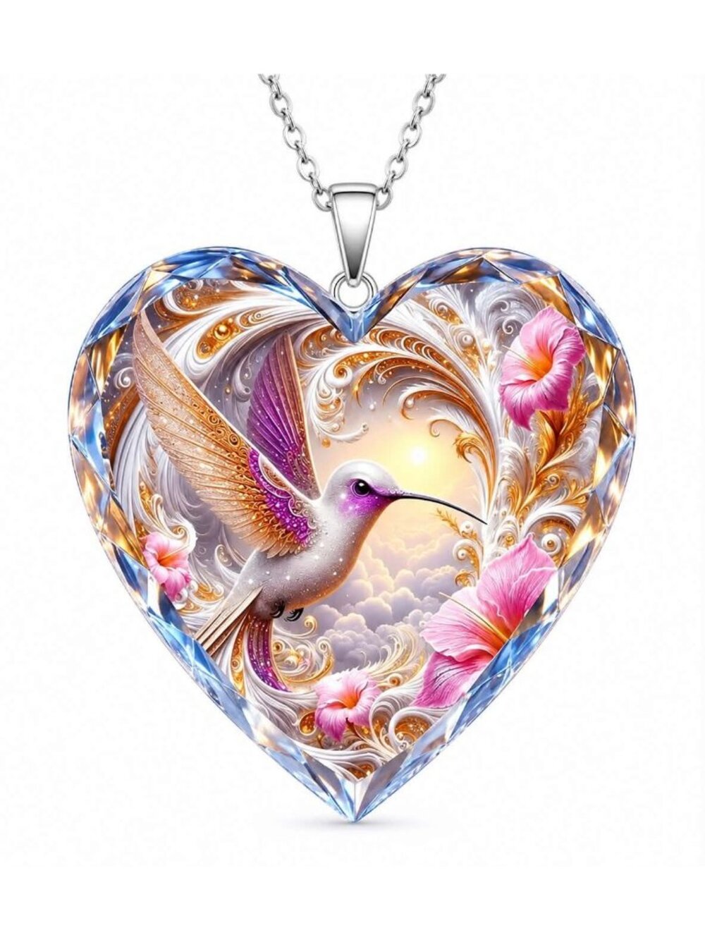 Crystal Heart Hummingbird Necklace